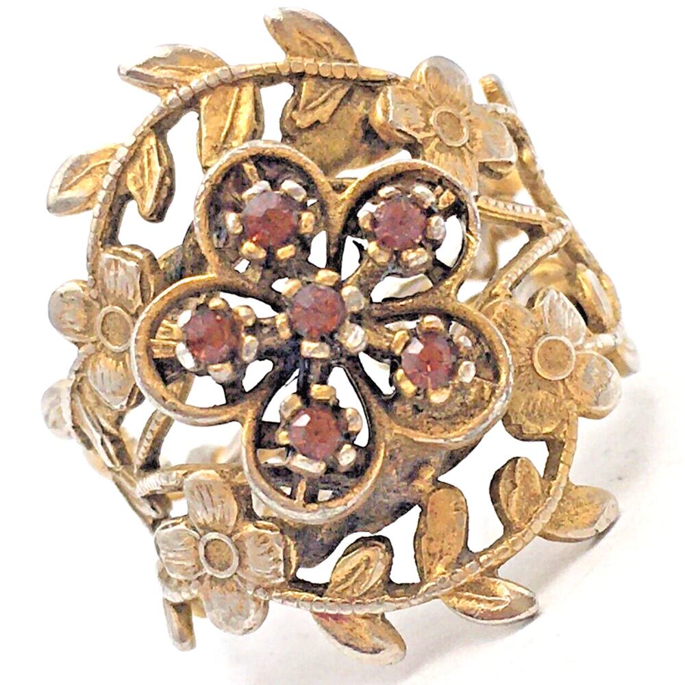 Vintage Antique Floral Red Crystal Adjustable Cocktail Ring Twisted Wire *AS IS